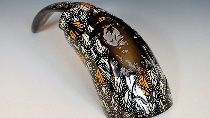 "Sitting Bull with Monarchs" Buffalo Horn Spoon by Kevin Pourier
